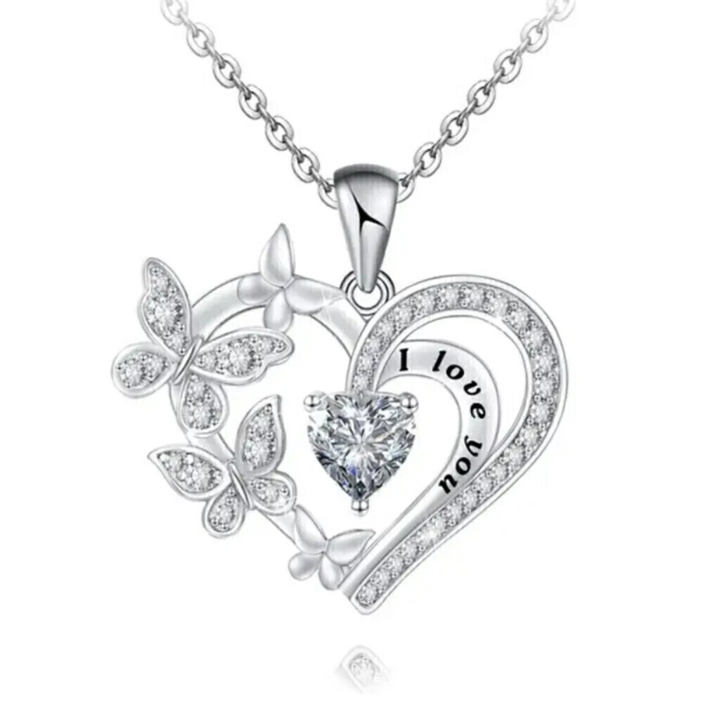 Heart Butterfly Pendant Necklace 18" w/ 2" extension